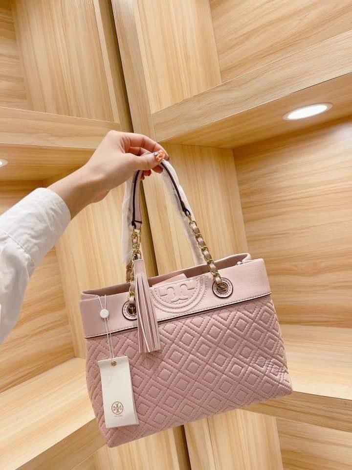 TORY BURCH Fleming Small Logo Detail Leather Tote Bag For Women Pink Lady Diva Deals