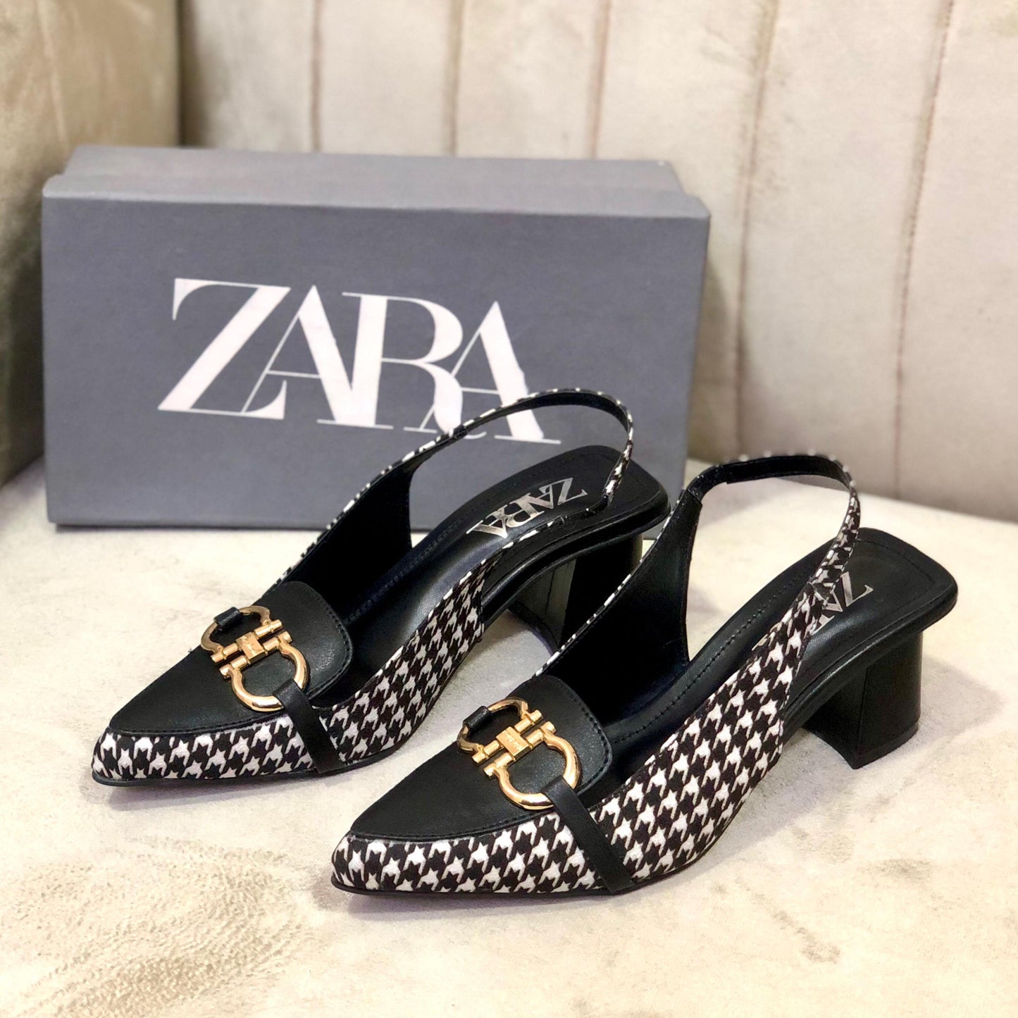 Zara Check Block Heel - Stylish Women’s Footwear (Black)