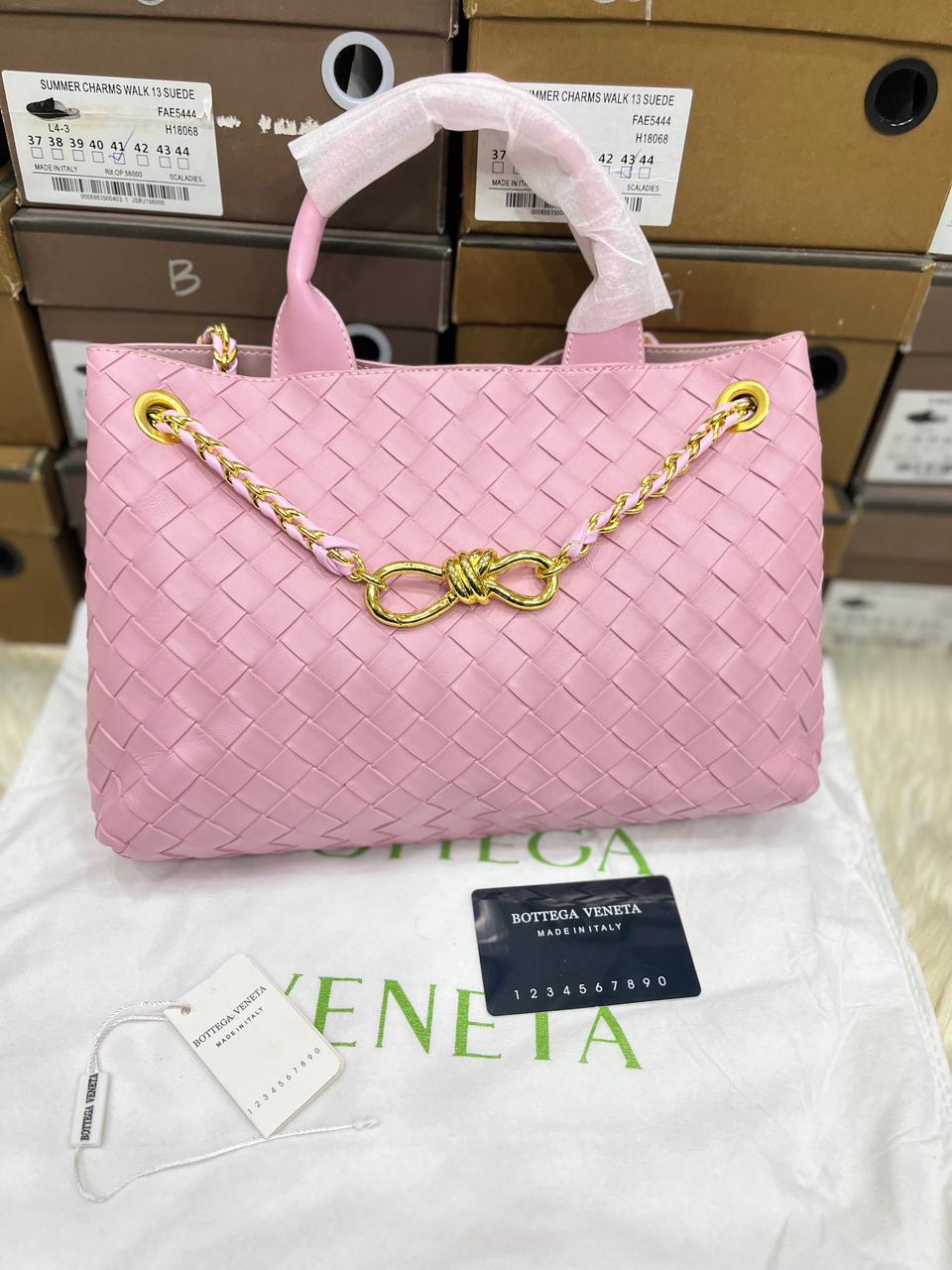 Bottega Veneta-Inspired Andiamo Leather Top Handle Bag (Pink
