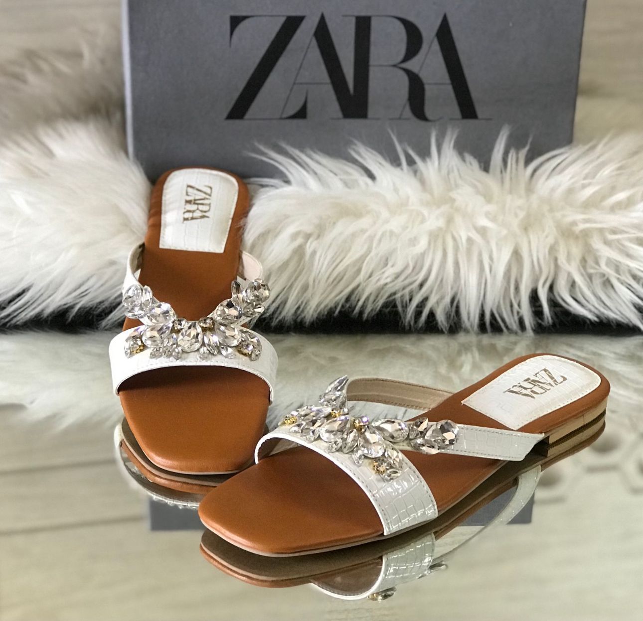 ZARA – Stone Flat Women Footwear (White)