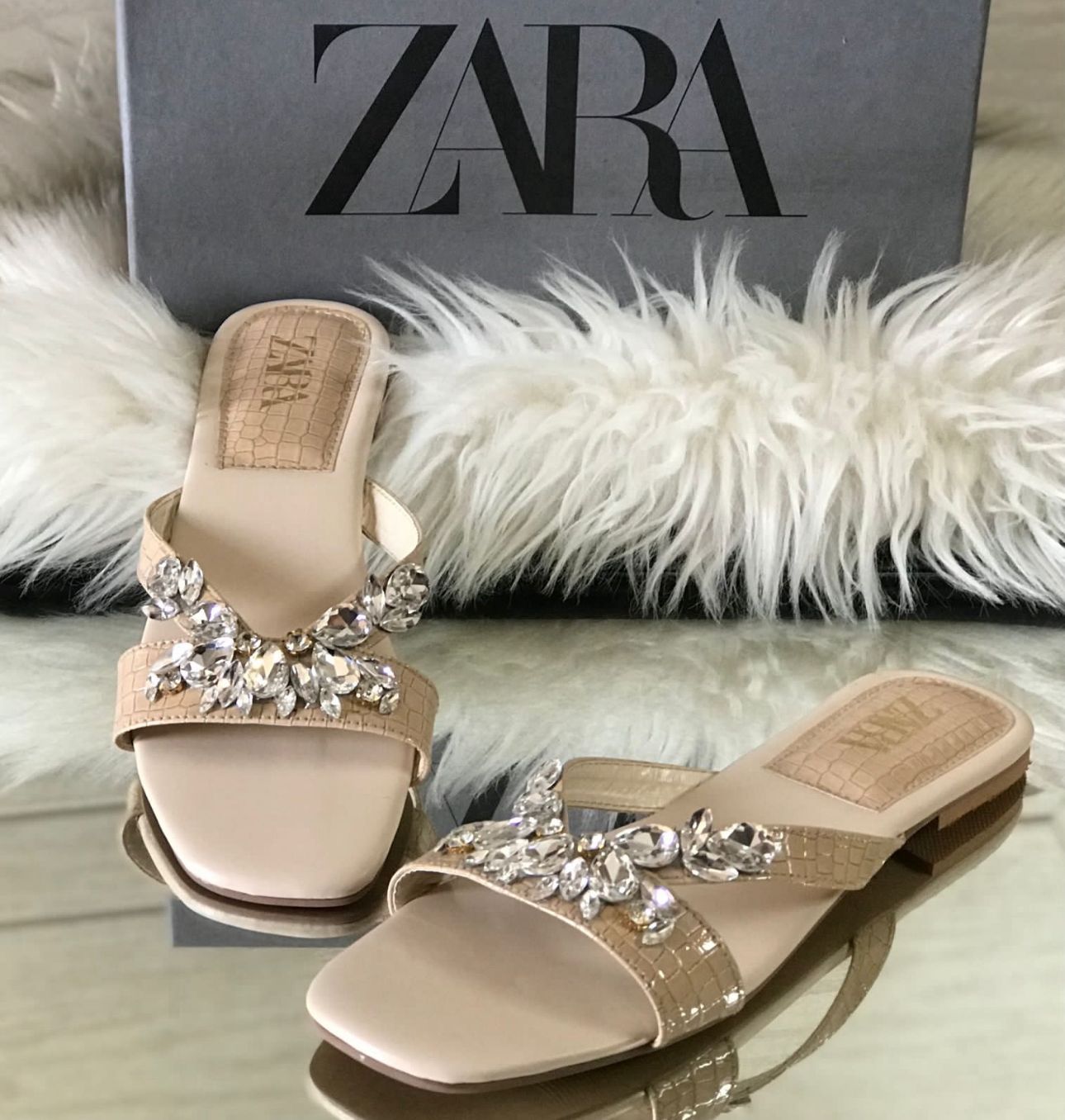ZARA — Stone Flat Women's Slippers (With Brand Box) (Beige)