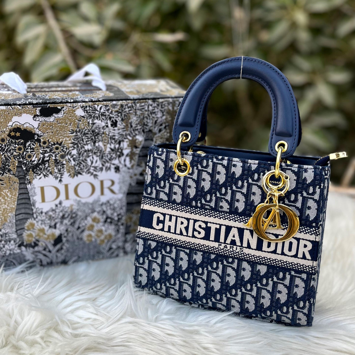 Christian Dior Embroidered Canvas Handbag (Blue)