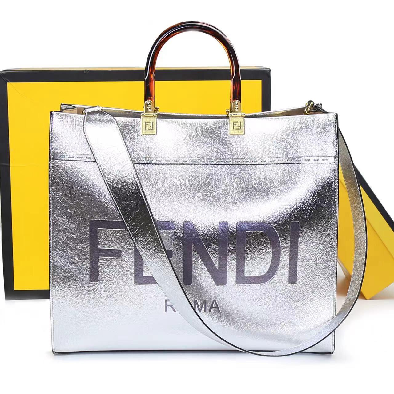 F-E-N-D-I Inspired Sunshine Tote – Premium Women Bag (Straw & Leather){silver}