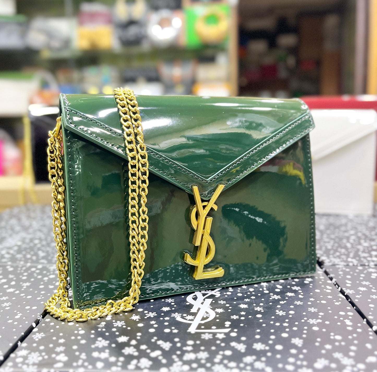YSL Saint Laurent Cassandra Patent Leather Wallet on a Chain πΌβ¨ (Green)