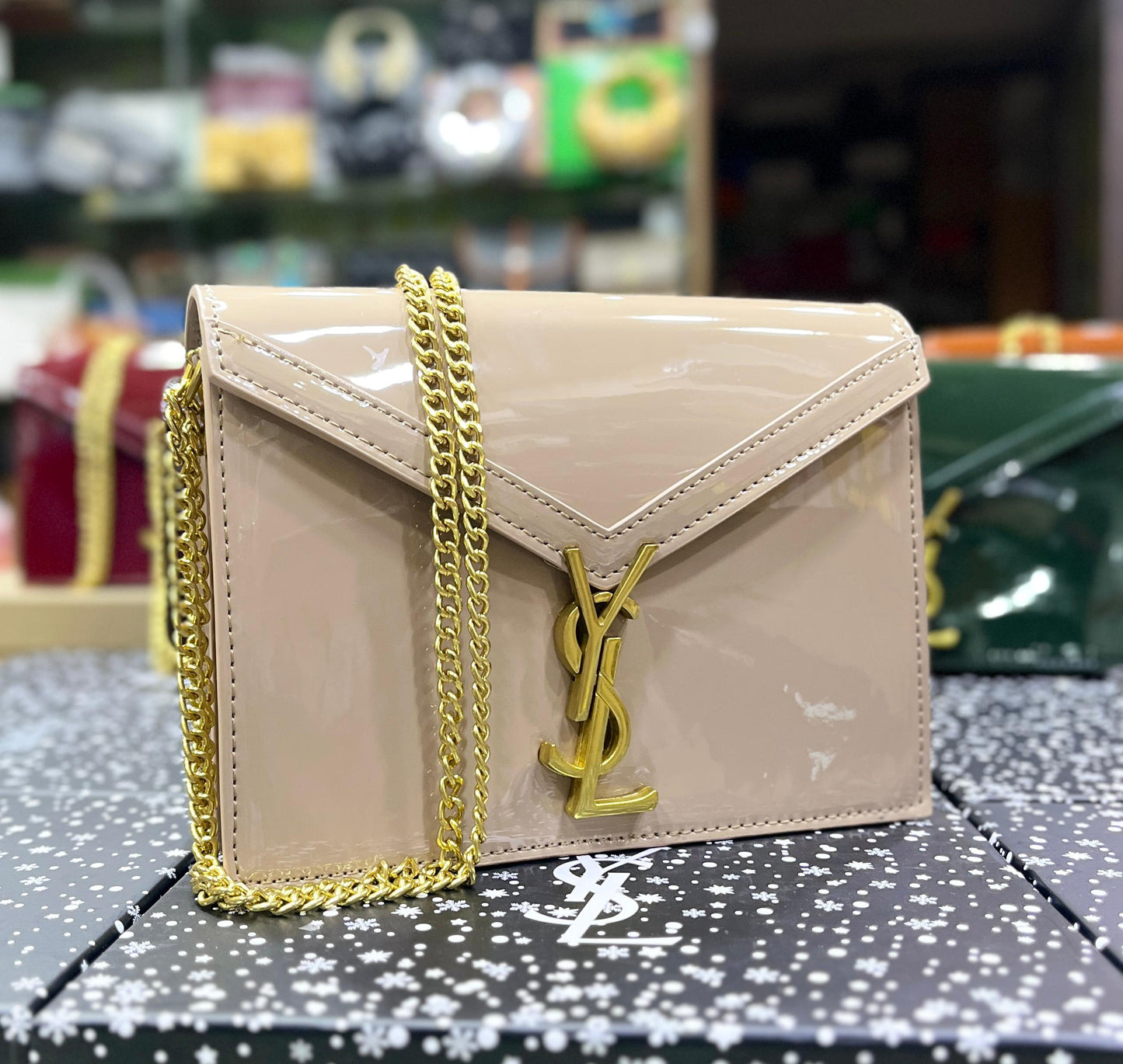 YSL Saint Laurent Cassandra Patent Leather Wallet on a Chain (Pink/off white/brown)