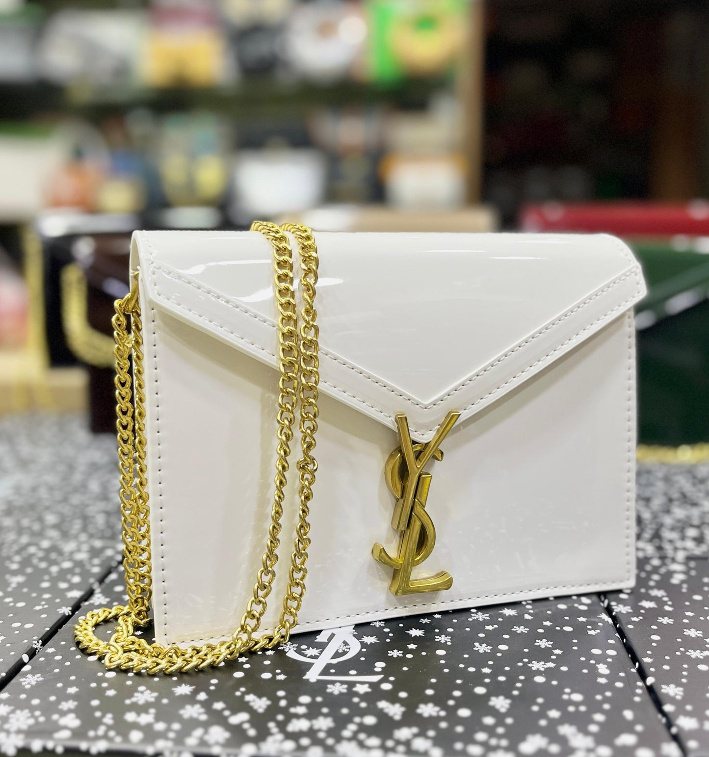 YSL Saint Laurent Cassandra Patent Leather Wallet on a Chain πΌβ¨ (White)