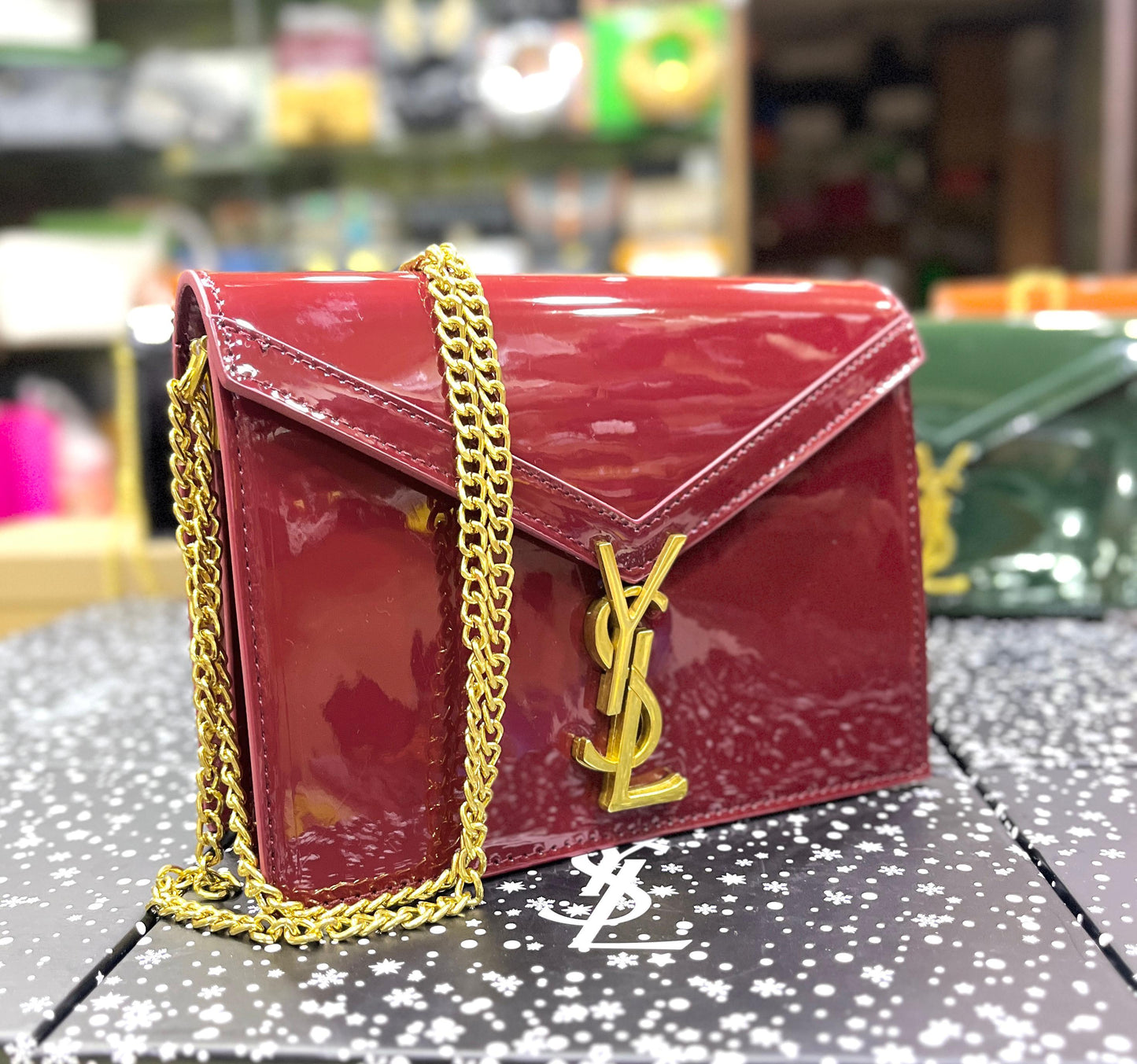 YSL Saint Laurent Cassandra Patent Leather Wallet on a Chain (Maroon)