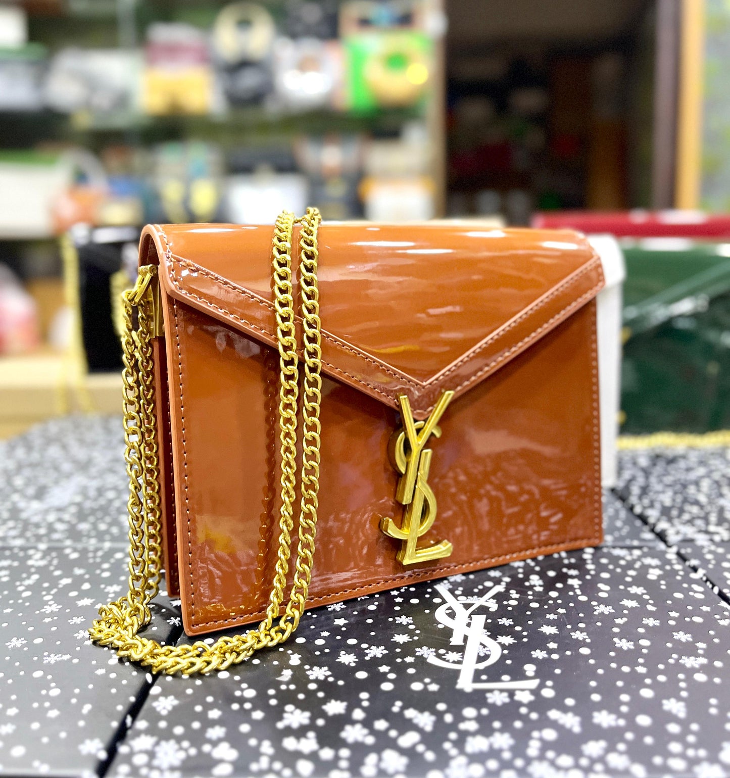 YSL Saint Laurent Cassandra Patent Leather Wallet on a Chain (Brown 2)