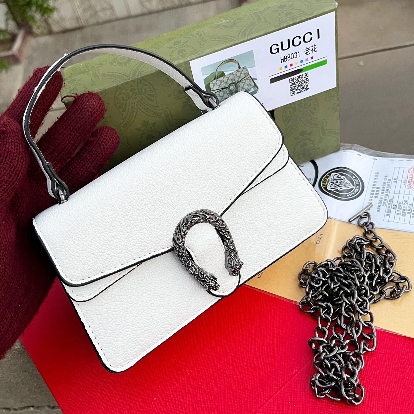 GUCCI – Women Crossbody Bag (With Long Chain)(White)