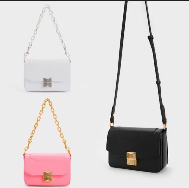 CHARLES & KEITH Women Bag – Belted Design with Push-Lock Closure (White)