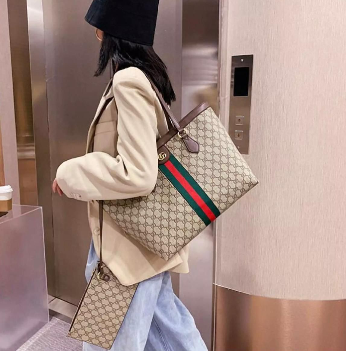 GUCCI OPHIDIA LARGE TOTE – Women Bag | GG Supreme Canvas & Leather Trim (Chocolate Beige)