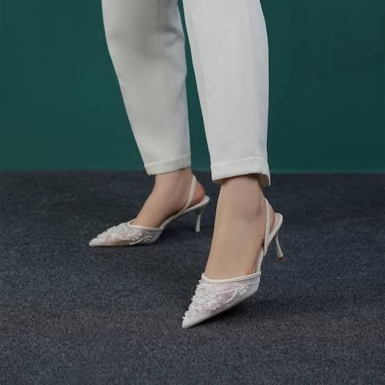 ZARA Mesh Floral Embroidered Slingback Women’s High Heels (White)