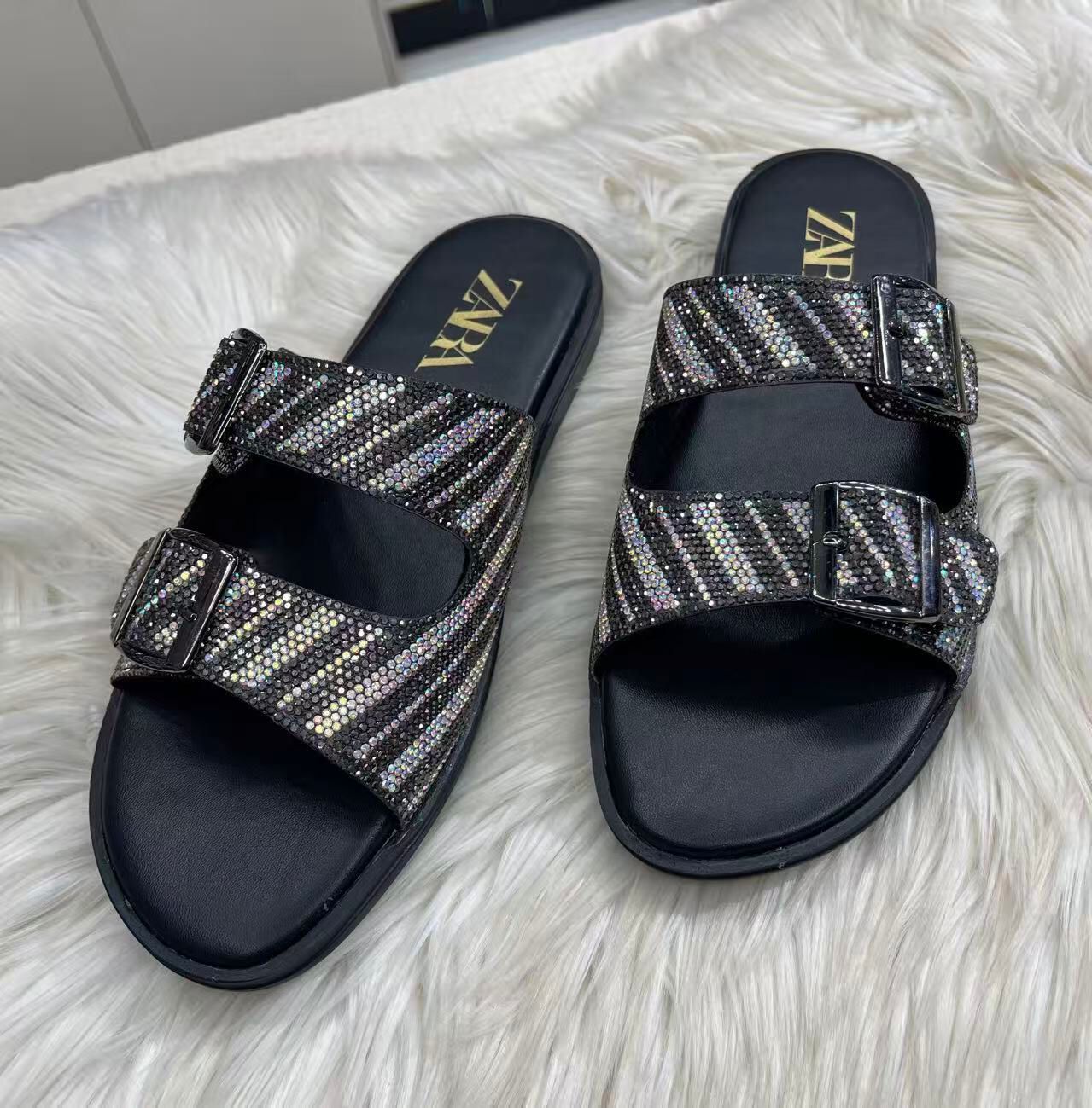 Z-A-R-A Inspired Stones Embellished Slingback – Kitten Flat | Premium Women Footwear (Black)