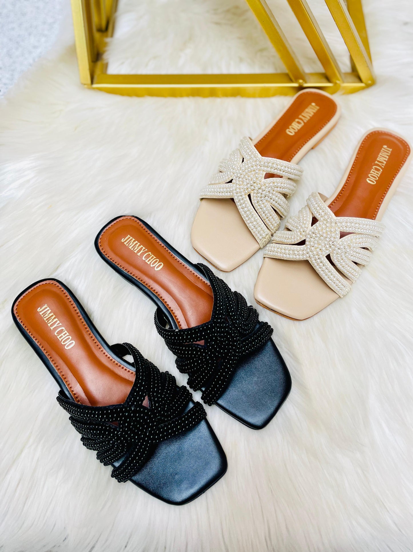 J-I-M-M-Y C-H-O-O Luxury Pearl Flat Slippers | Elegant Edition (Beige)