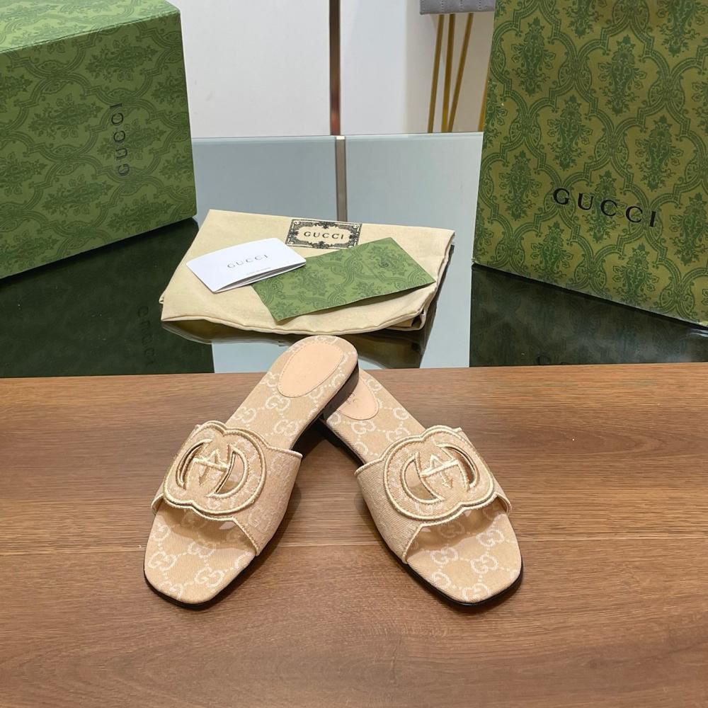 G-U-C-C-I Luxury Monogram Canvas Slides – Premium Women Footwear | Square Toe Edition (Beige)