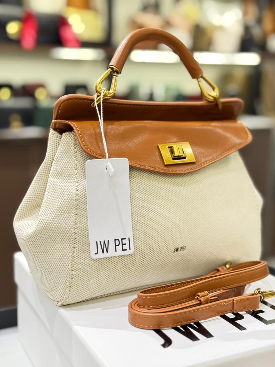 J-W P-E-I Lucia Classic Top Handle Women Bag – Elegant Everyday Style (White/Brown)