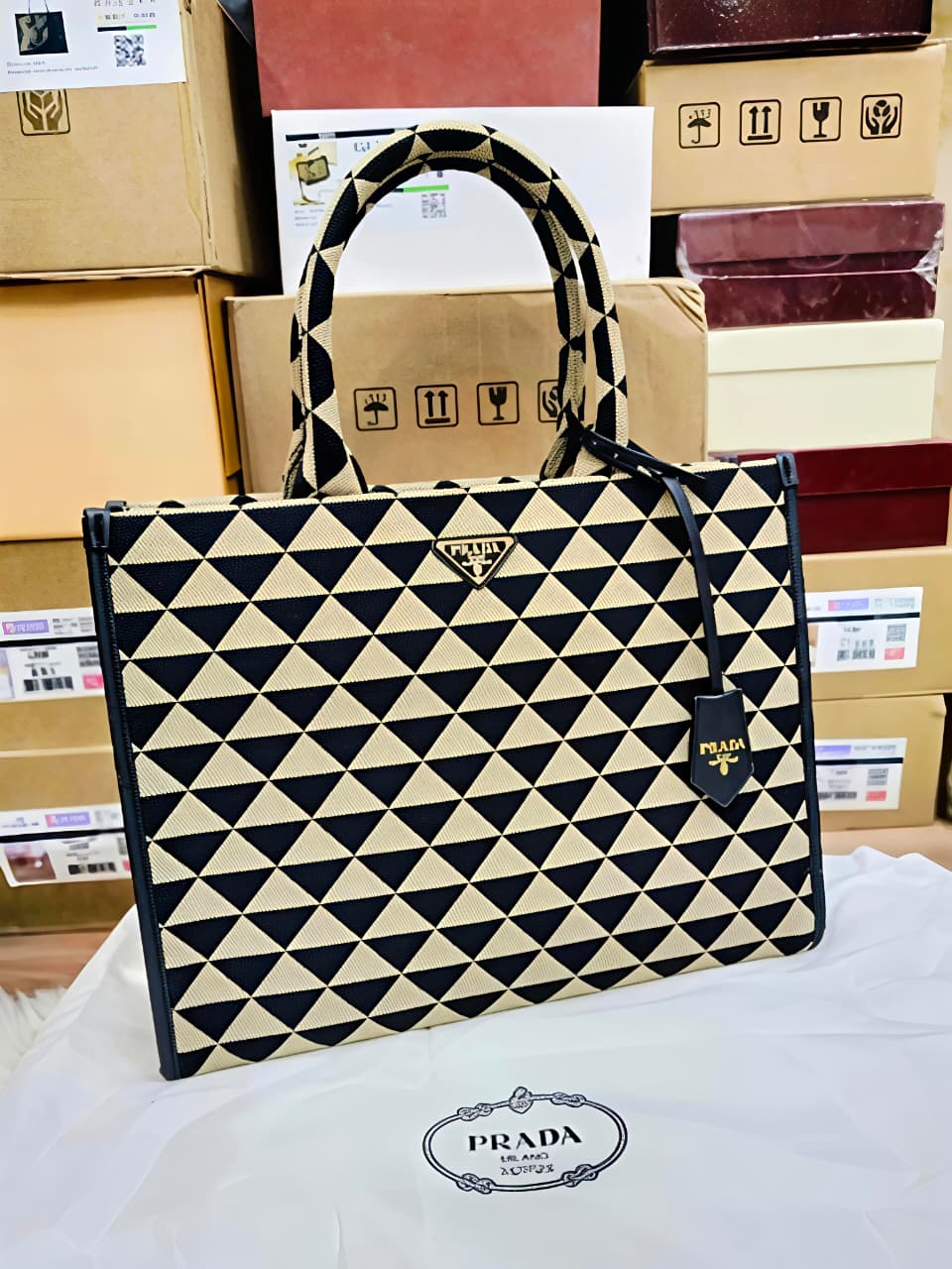 P-R-A-D-A Symbole Jacquard Tote – Premium Women Bag (Black/Beige)