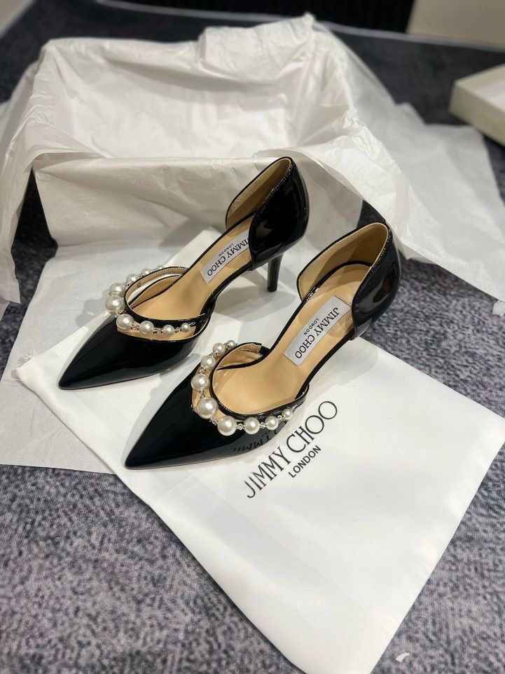 JIMMY CHOO Aurelie 85 Pearl-Embellished Heel Pumps – Premium Women Heel Pumps (Black Design A)