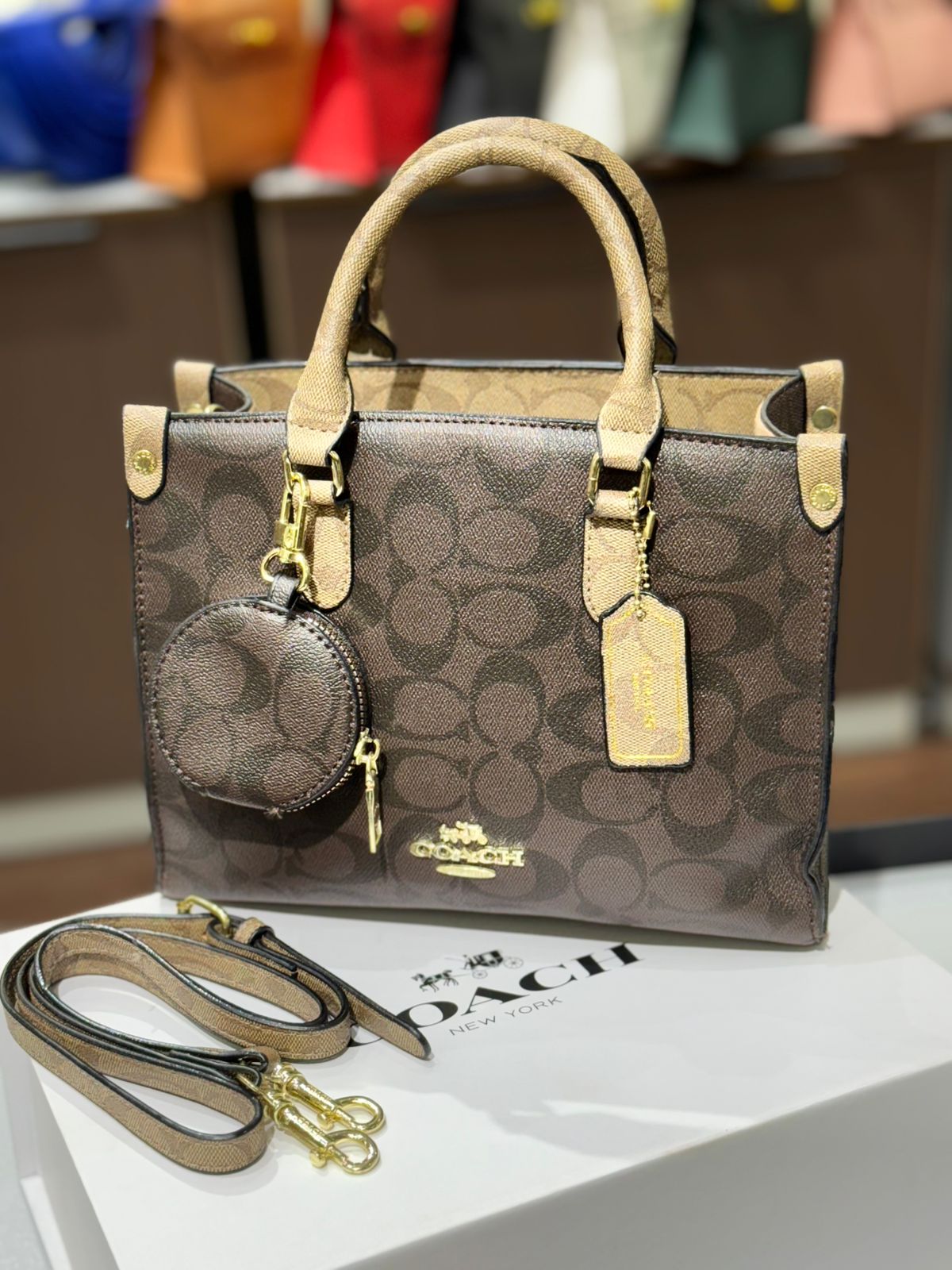 C-O-A-C-H Maggie Small Tote Women Bag – Blocked Signature Canvas (Brown Black)