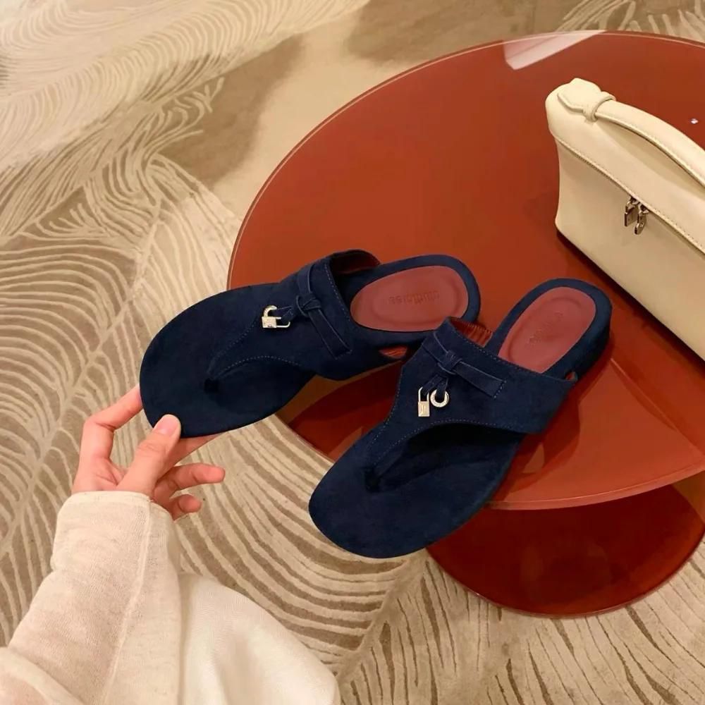 Loro Piana Summer Charms Walk Suede Thong Sandals β Premium Women Footwear (Navy Blue)