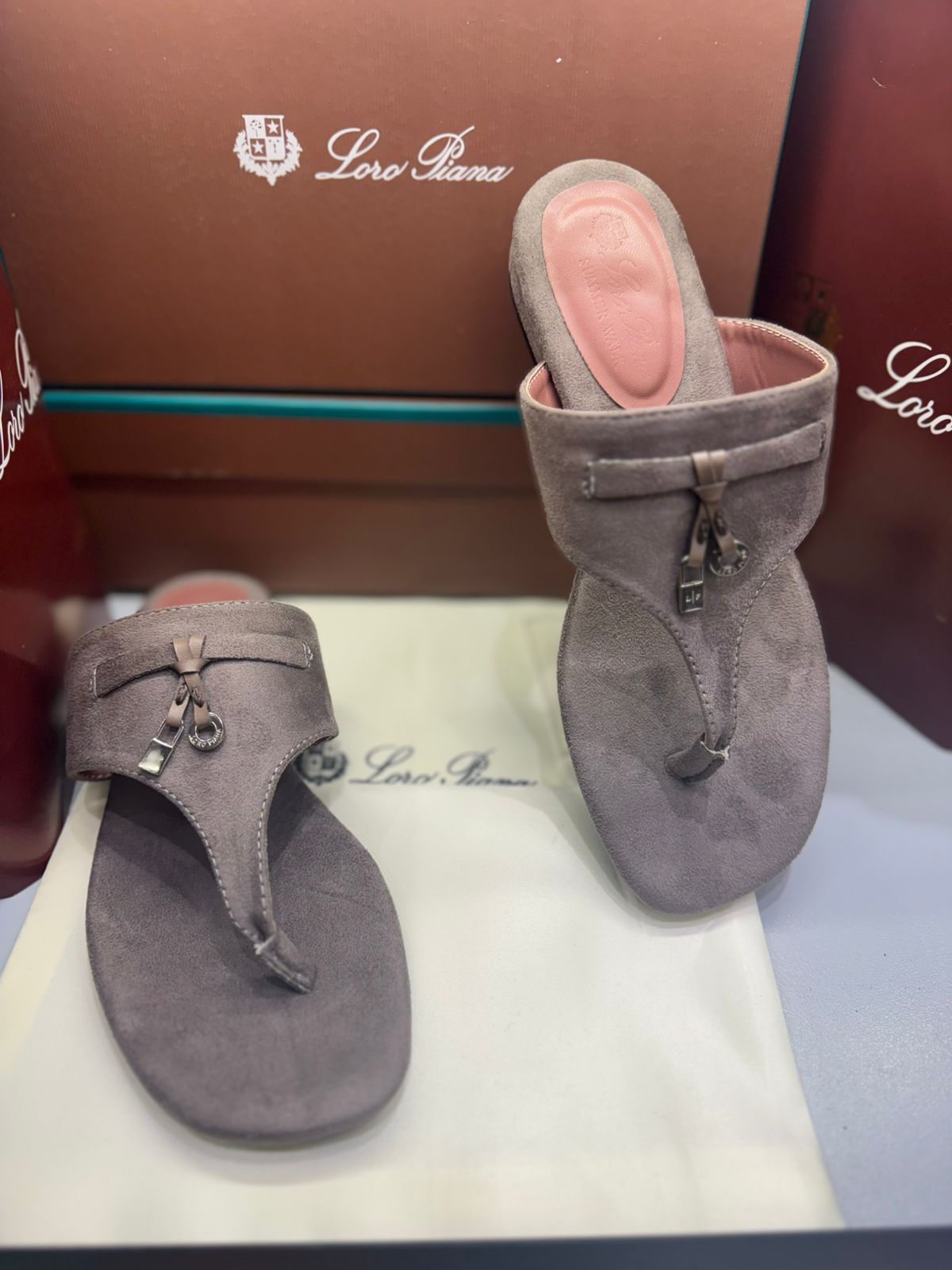 Loro Piana Summer Charms Walk Suede Thong Sandals β Premium Women Footwear (Grey)