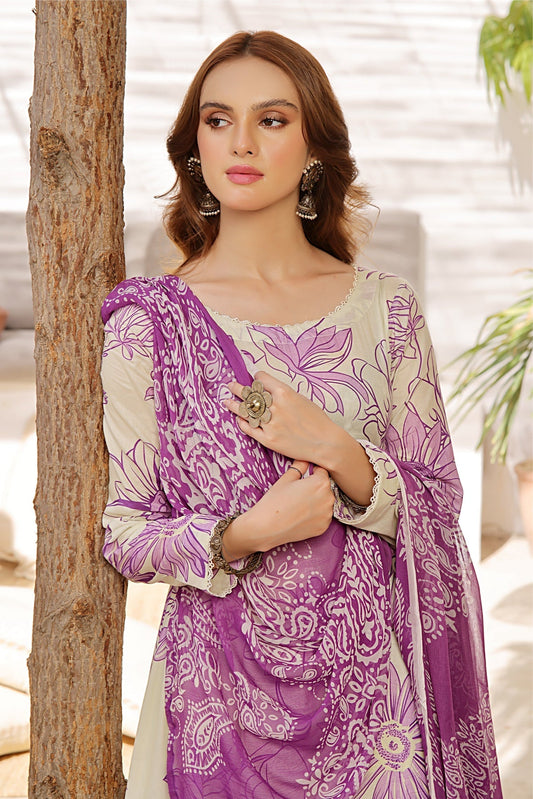 CAMELLIA-FT411 Unstitched 3pc (Cream + Purple)