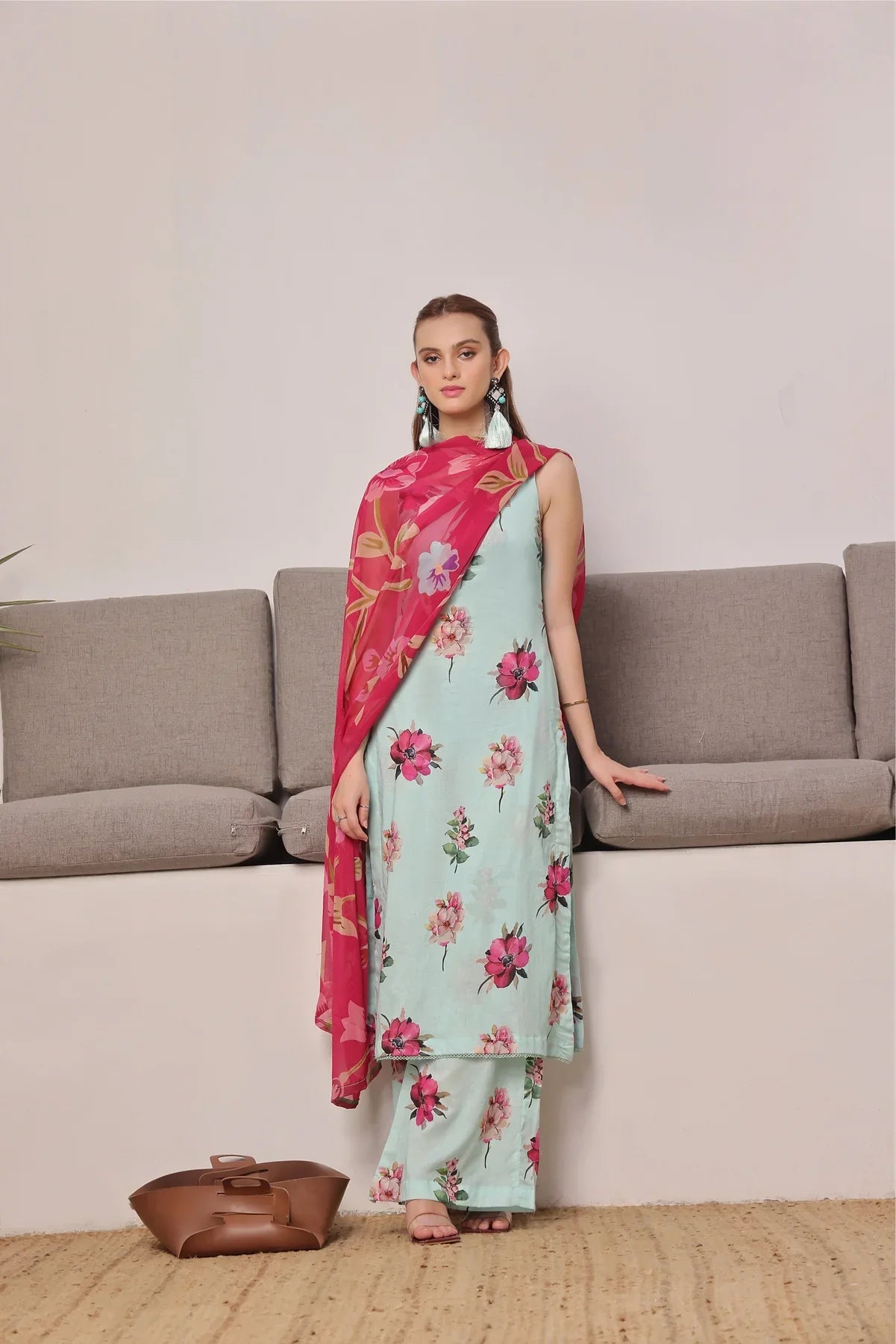 TRICIA-FT406 Unstitched 3pc (Lite Green + Red Floral Print)