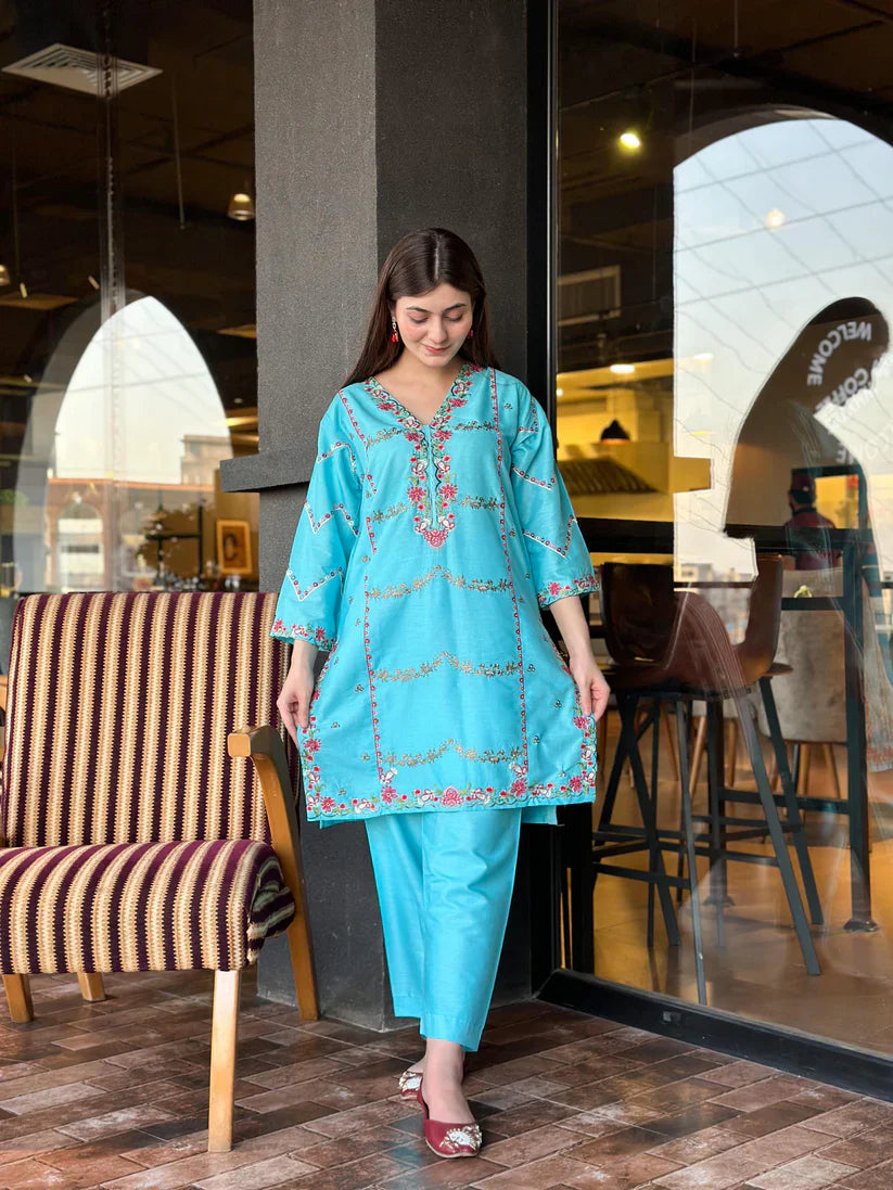 " EMIRE " 2Pcs Stitched Embroidered Suit (Firozi Blue)