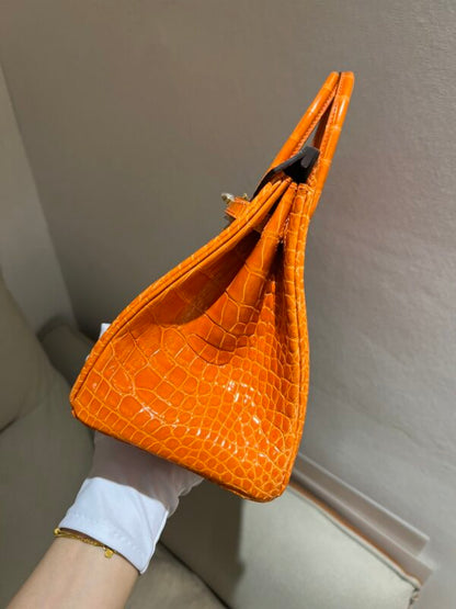 Hermes Birkin 25 Leather Gold Hardware Handbag Bag for Women (Orange Shine)