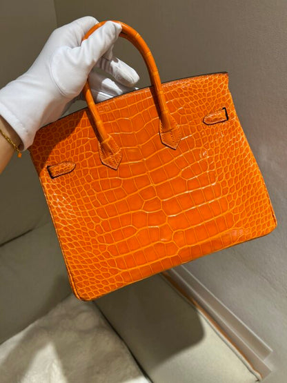 Hermes Birkin 25 Leather Gold Hardware Handbag Bag for Women (Orange Shine)