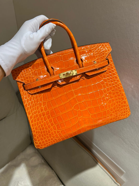 Hermes Birkin 25 Leather Gold Hardware Handbag Bag for Women (Orange Shine)