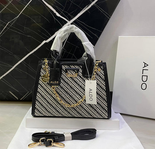 A-L-D-O Premium Handbags Women Bag – (Black & White diagonal striped woven pattern)
