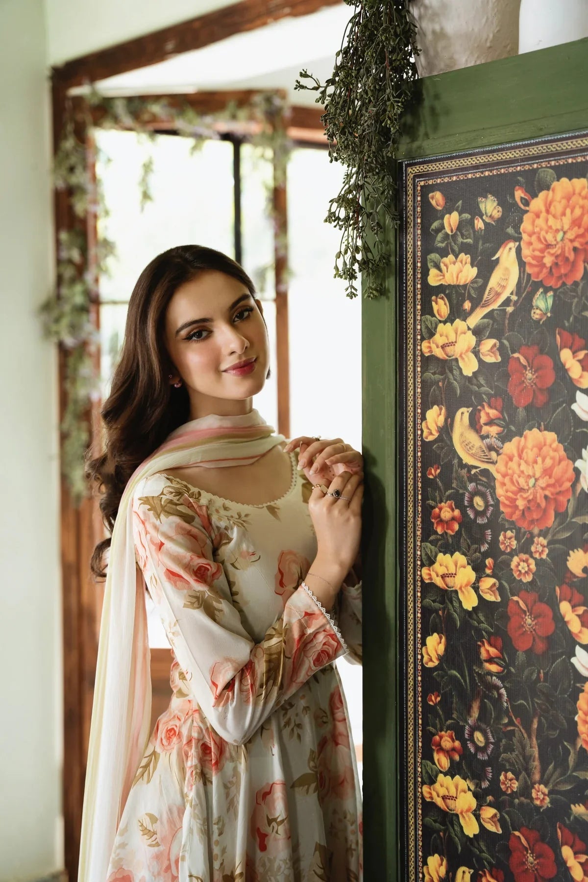 Roselily-FT397 Unstitched 3PC (Cream Color + Peach Color Floral Print)