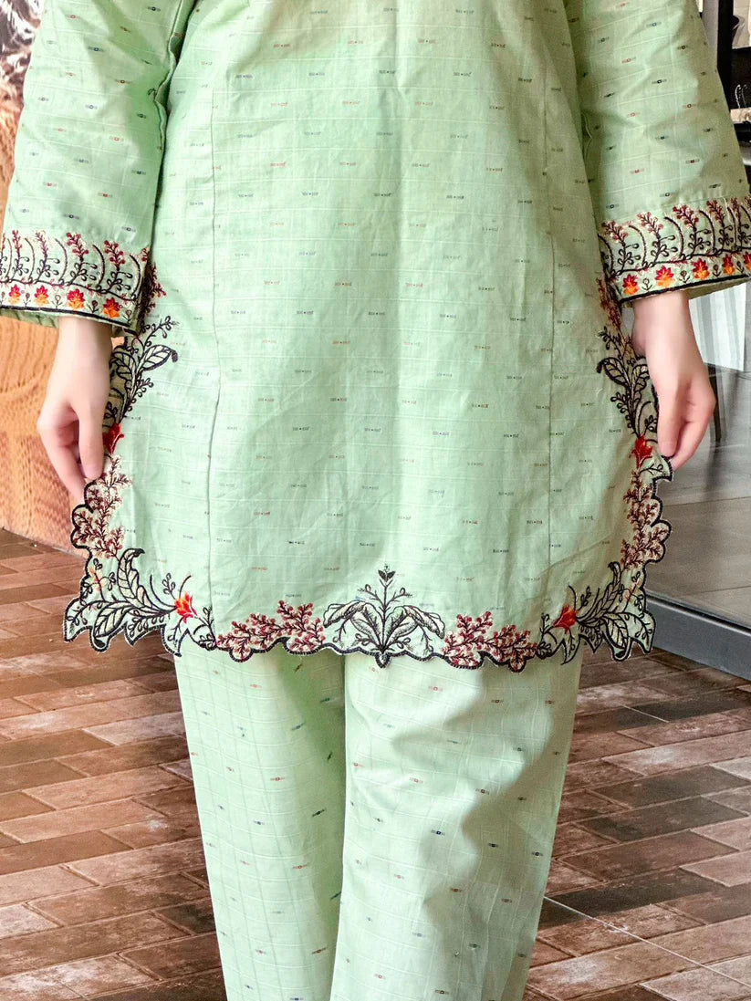 " MAVI " 2Pcs Stitched Embroidered Dress (Light Green)