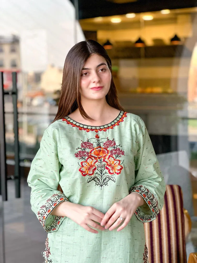 " MAVI " 2Pcs Stitched Embroidered Dress (Light Green)