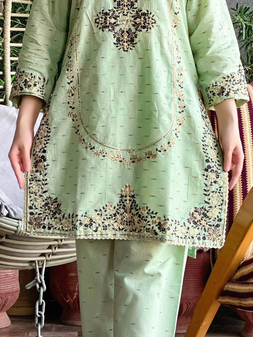 " ESRA " 2Pcs Stitched Embroidered Dress (Light Green)