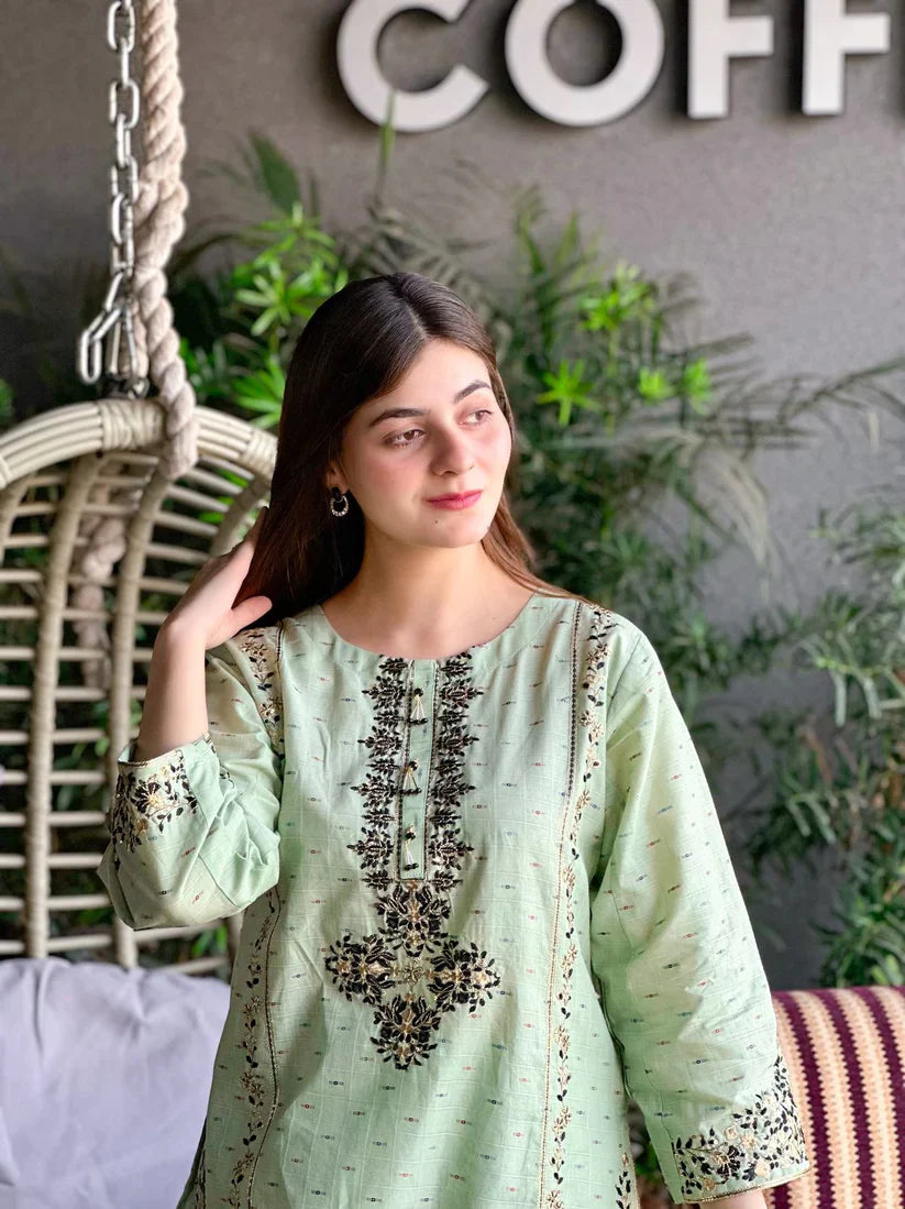 " ESRA " 2Pcs Stitched Embroidered Dress (Light Green)