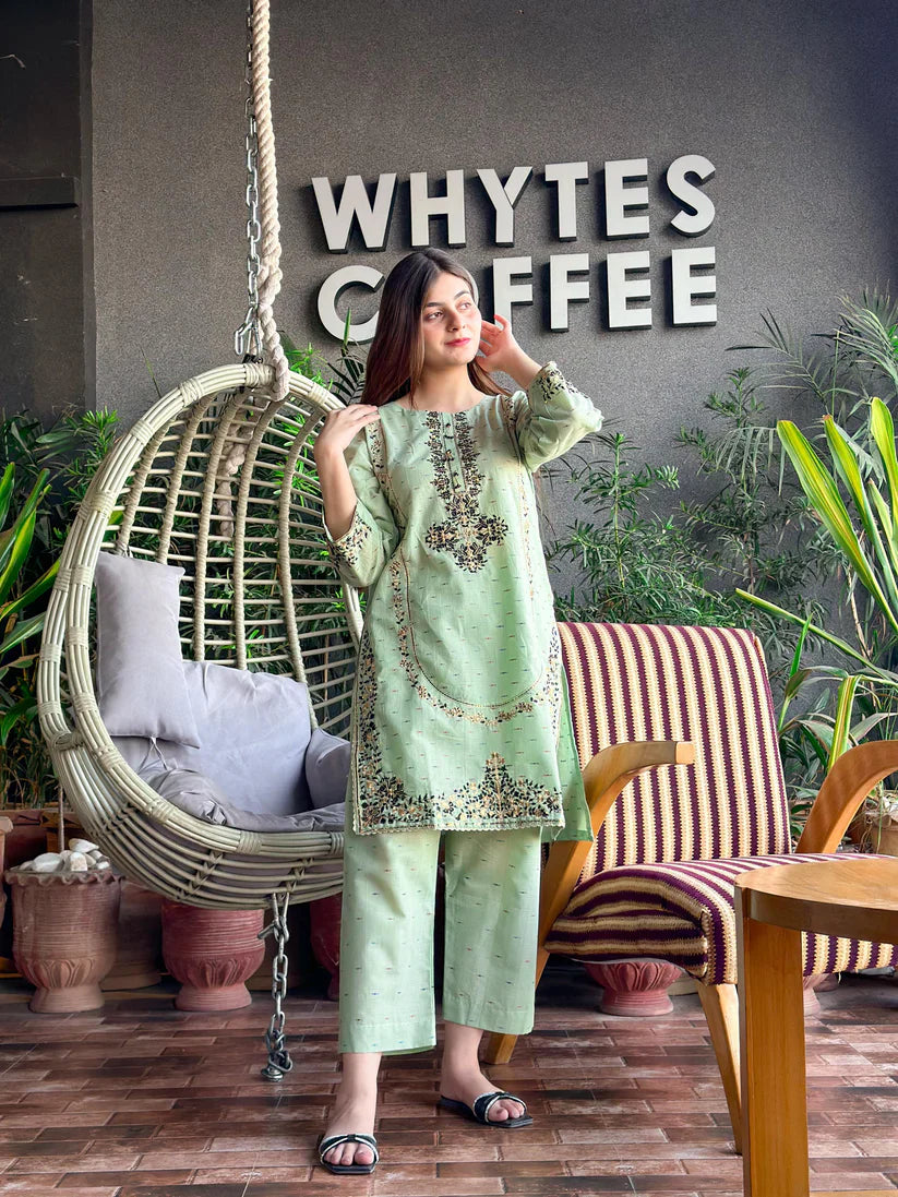 " ESRA " 2Pcs Stitched Embroidered Dress (Light Green)