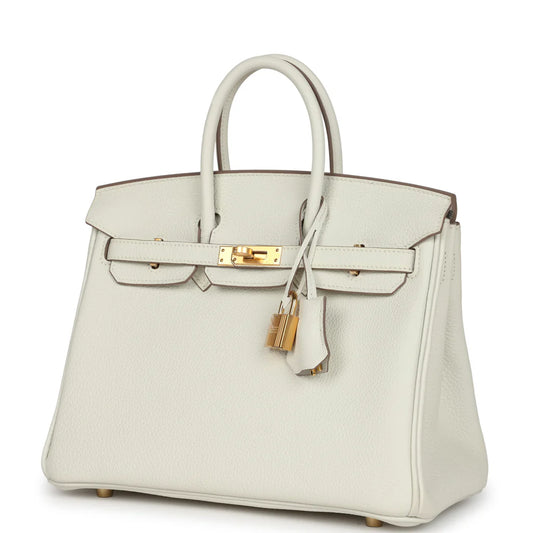 Hermes Birkin 25 Leather Gold Hardware Handbag Bag for Women (White Matt)