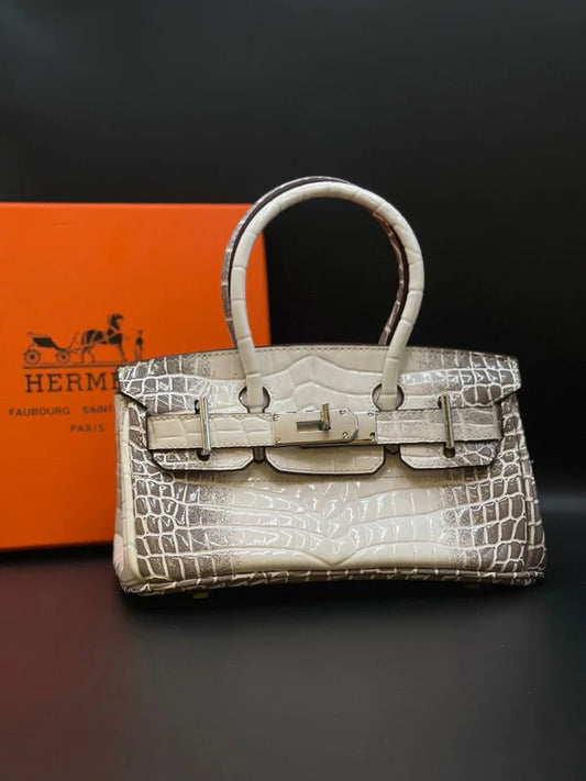 H-E-R-M-È-S Style Croc-Embossed Mini Top-Handle Women Bag – Luxury Inspired (White/Grey)