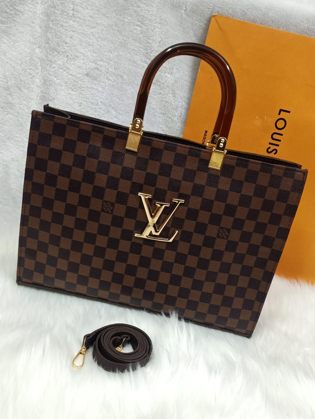 Luxury LV Tod Bag with Wooden Handle and Long Strap (Brown)