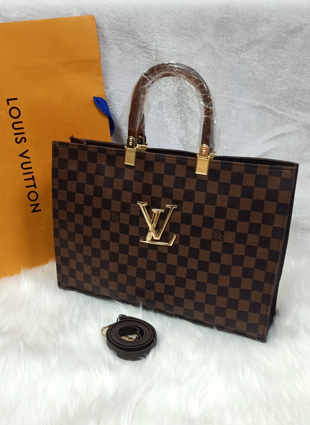 Luxury LV Tod Bag with Wooden Handle and Long Strap (Brown)