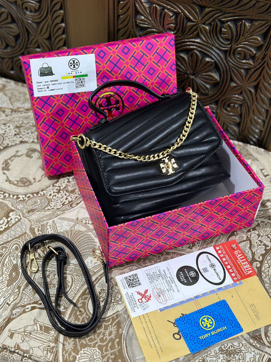 Tory Burch Kira Chevron Women's Handbag with Long Strap and Chain (Black)