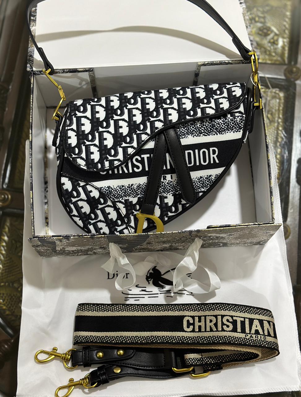 Dior Sadal Women's Bag - Premium Quality - Embroidered Strap (Black / White)