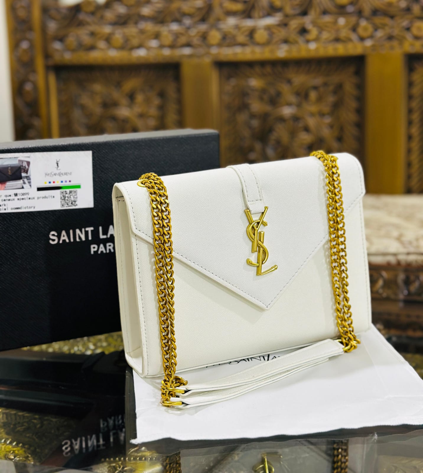 Yves Saint Laurent Premium Quality YSL Bag - With Long Chain and Brand Box (White)