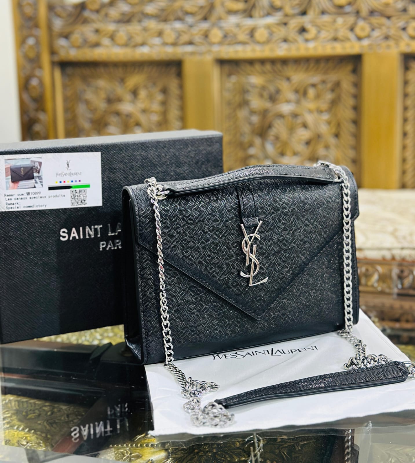 Yves Saint Laurent Premium Quality YSL Bag - With Long Chain and Brand Box (Black)