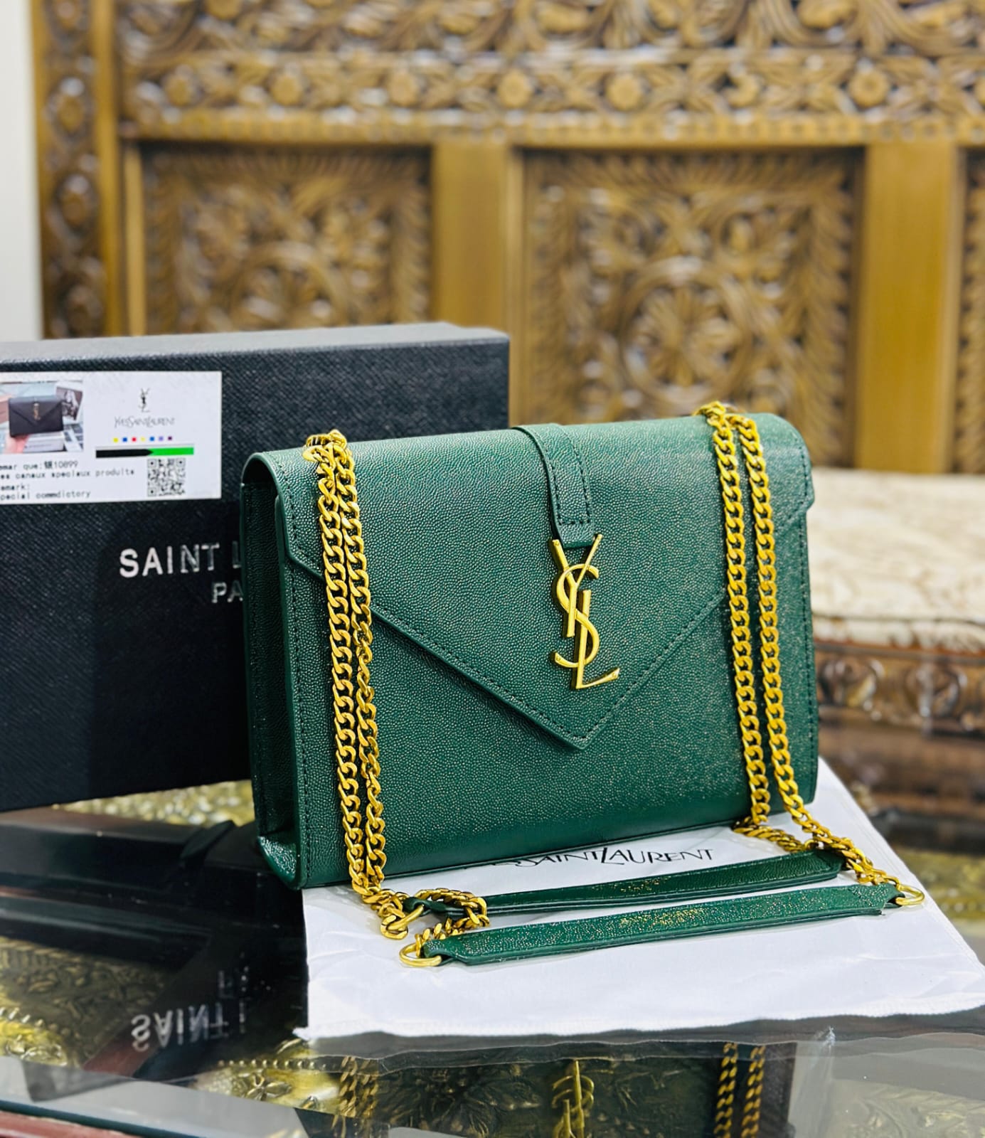 Yves Saint Laurent Premium Quality YSL Bag - With Long Chain and Brand Box (Green)