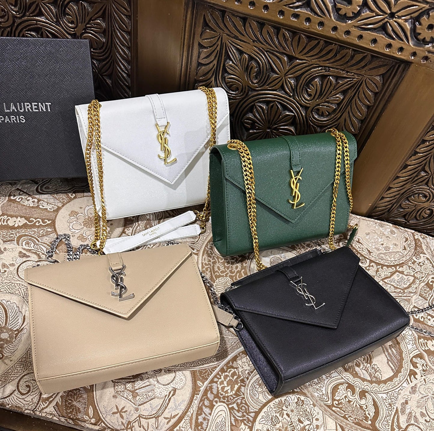 Yves Saint Laurent Premium Quality YSL Bag - With Long Chain and Brand Box (Beige)