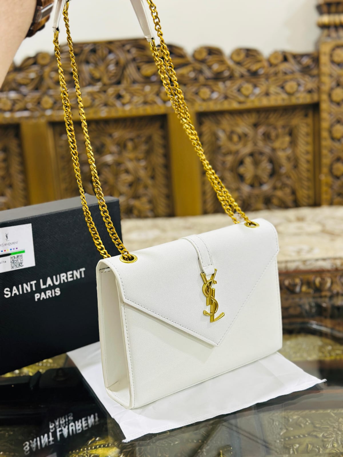 Yves Saint Laurent Premium Quality YSL Bag - With Long Chain and Brand Box (White)