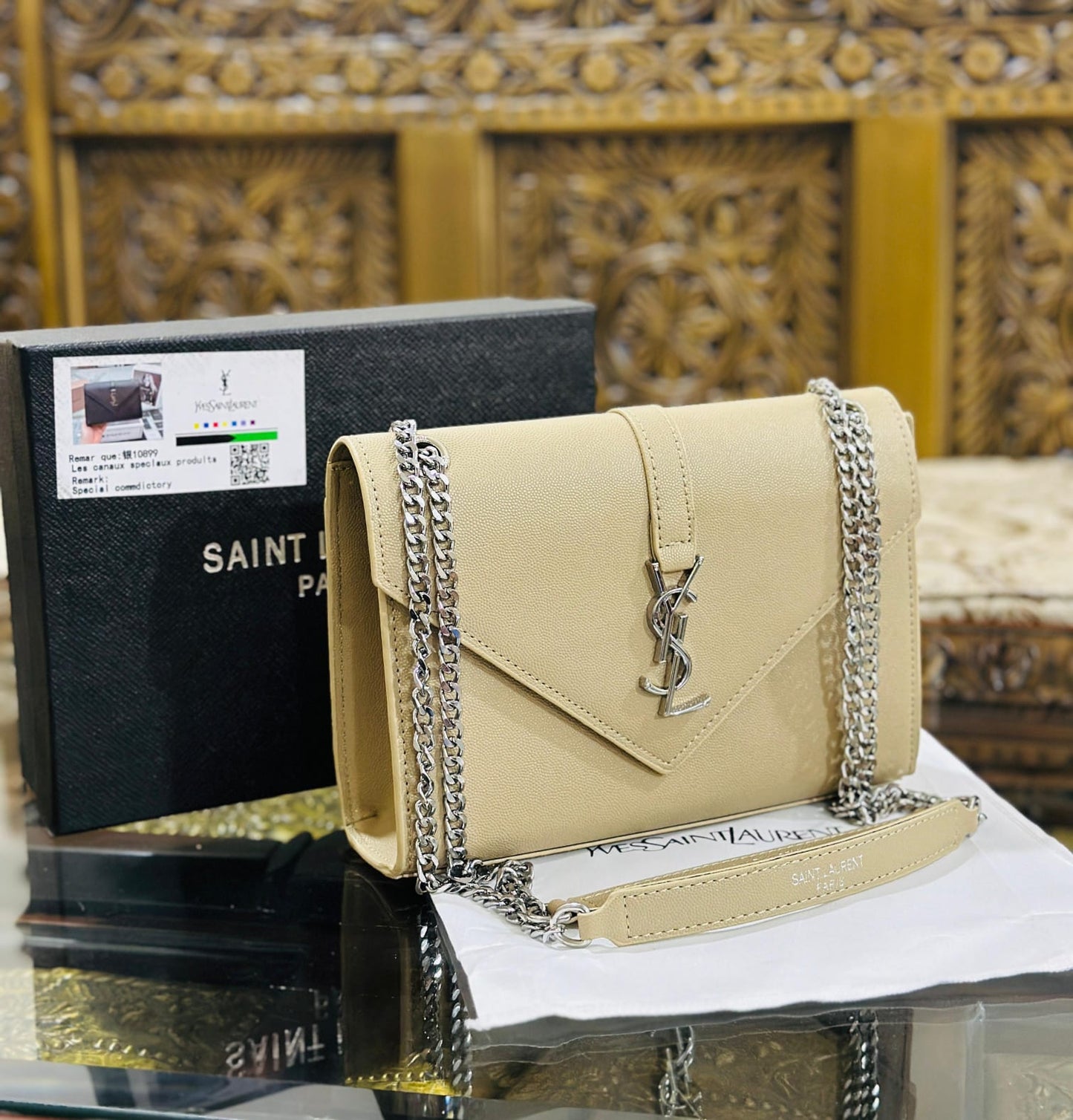 Yves Saint Laurent Premium Quality YSL Bag - With Long Chain and Brand Box (Beige)